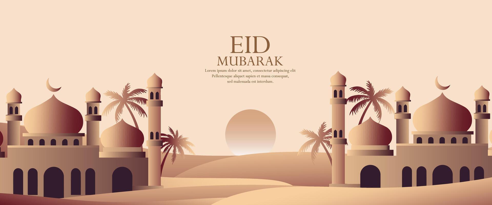 eid mubarak greeting card background with mosque and palm trees vector