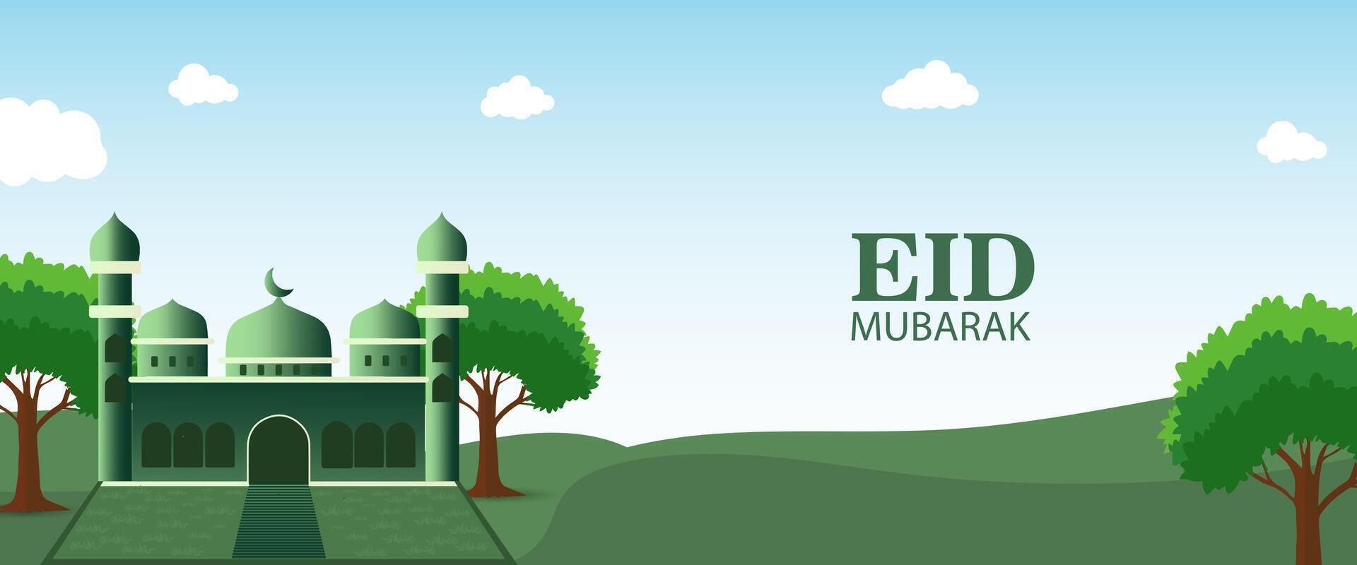 eid mubarak background with mosque and green nature vector