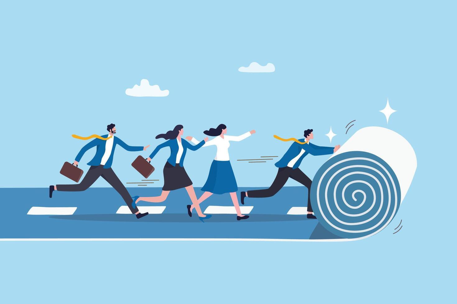 Leadership to lead team career path, business strategy development, effort or ambition to progress work success, motivation achievement, businessman rolling career path for team colleague to follow. vector