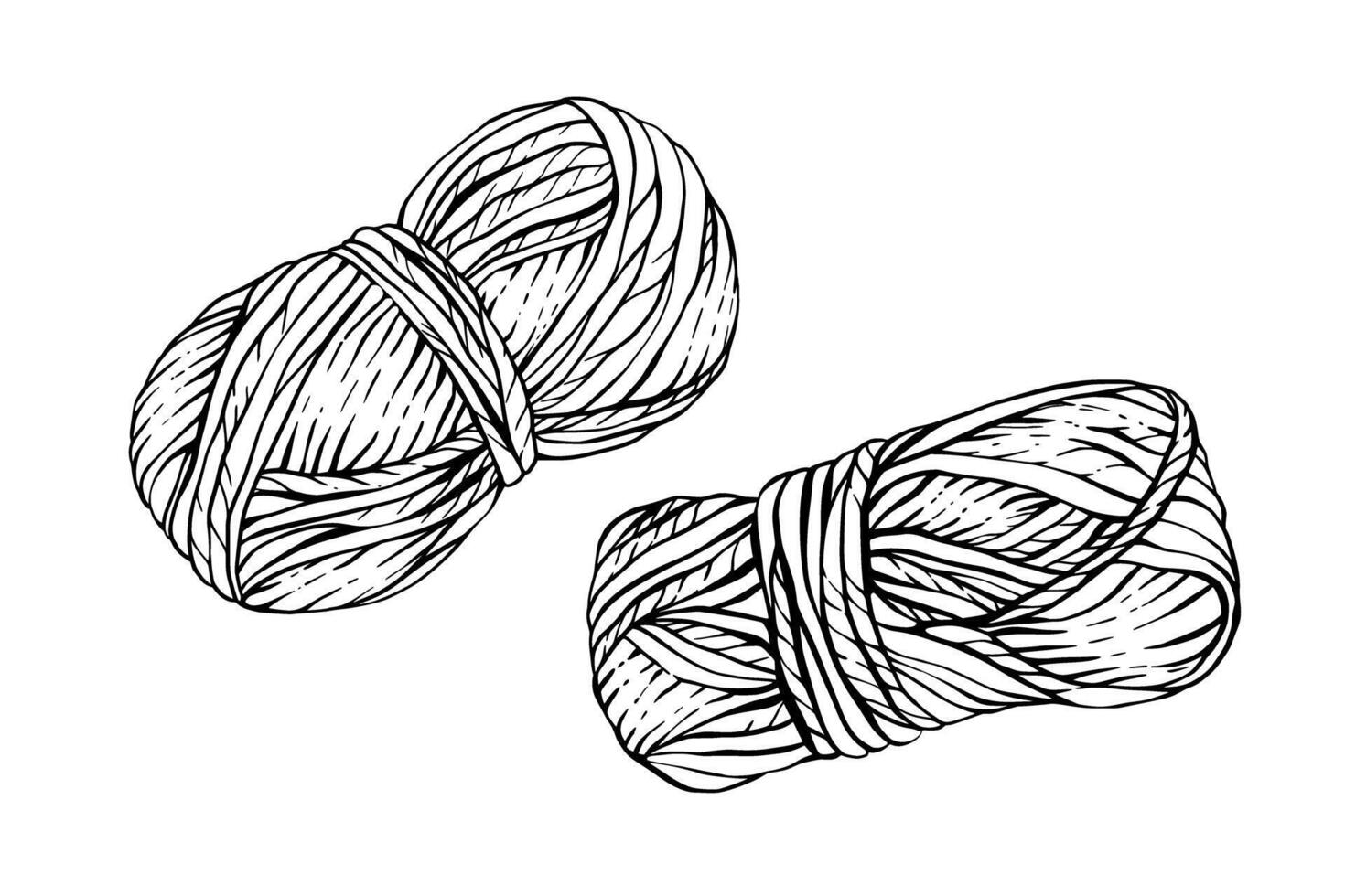 Skeins of knitting thread, balls of yarn. black line art hand drawing illustration. Clipart for handmade product design, packaging for handicrafts, hobby Knitting label isolated from background vector