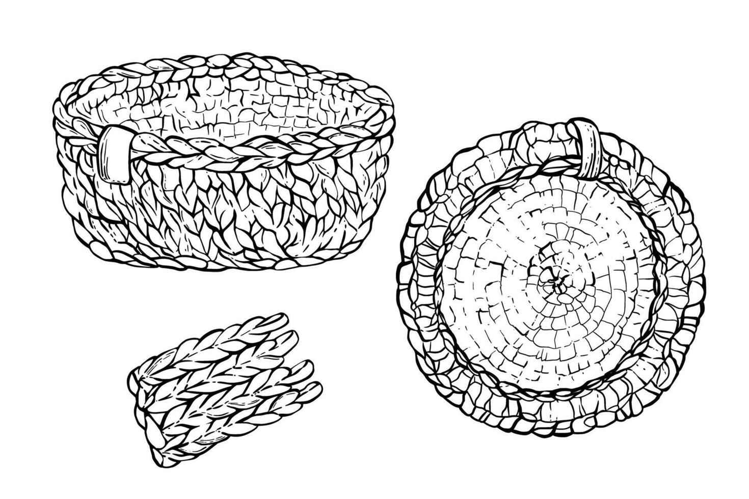 Knitted baskets. black line art hand drawing illustration. Hobby knitting handmade element for yarn skeins, macrame. Isolated from background clipart for handicraft product logo, sticker, label. vector