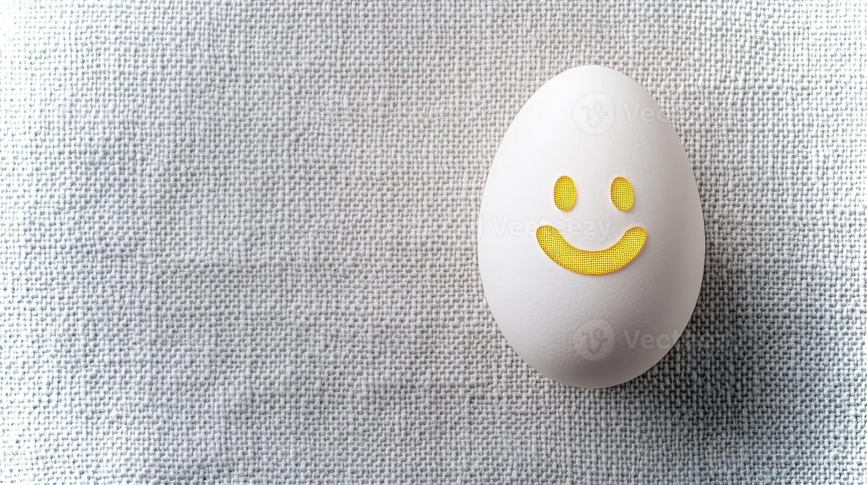 A white egg adorned with a bright yellow smiley face rests on a light-colored textured surface, bringing a playful and cheerful touch to the setting. photo