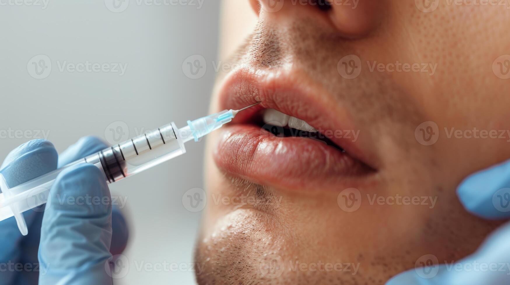 A skilled professional administers a lip enhancement procedure to a male client in a contemporary cosmetology clinic, showcasing dedication to beauty and personal care. photo