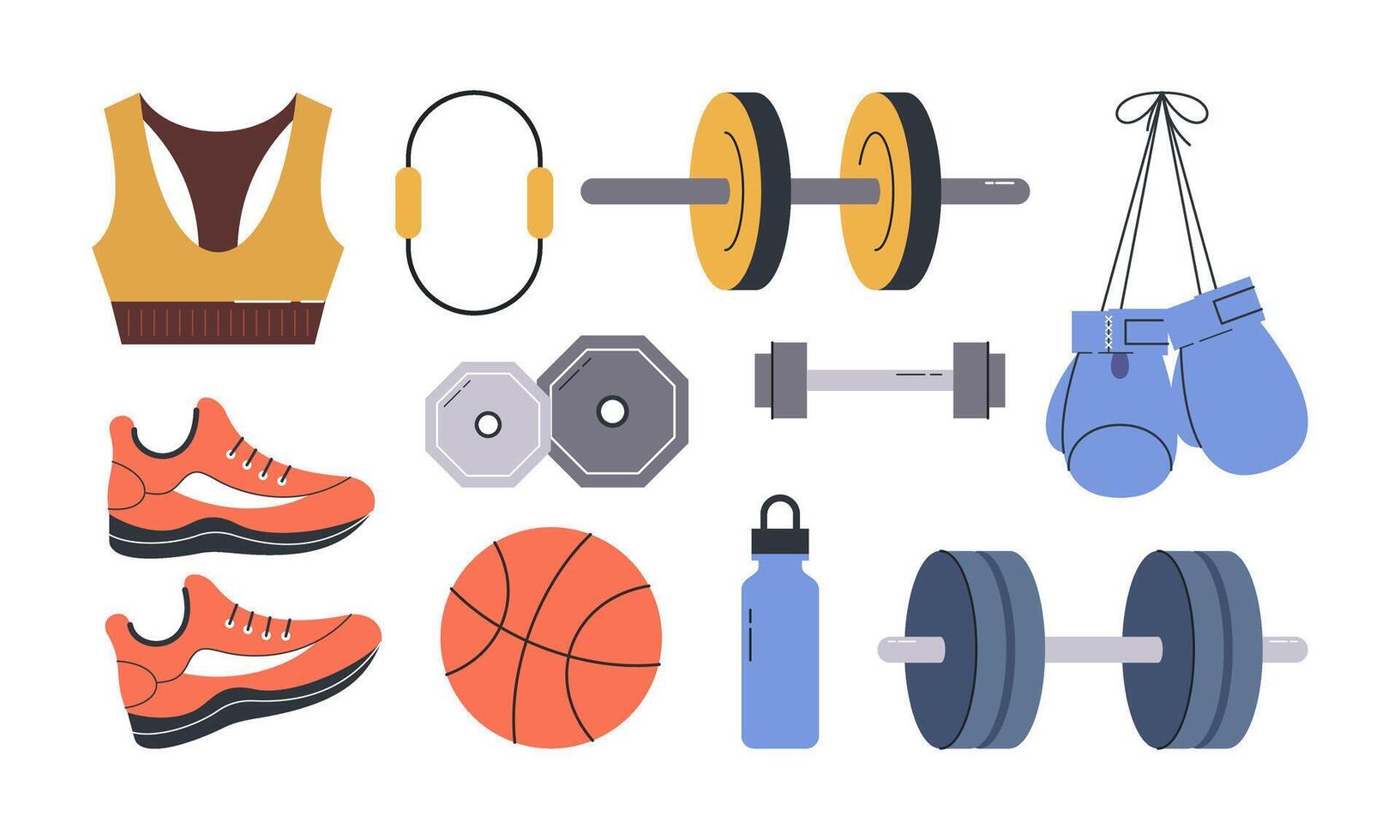 Set of Hand Drawn Fitness Equipment Flat Design Illustration. Collection of Different Gym Exercise Tools vector