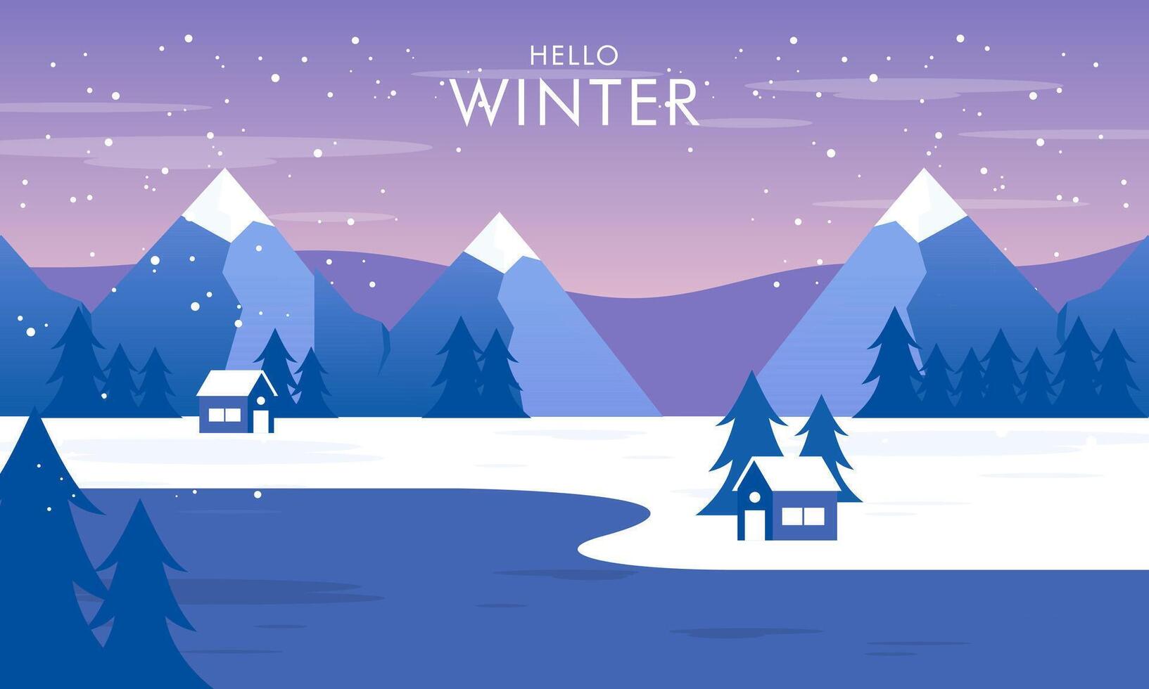 Flat Design Hello Winter Concept Illustration. Winter Landscape Background with Snows Falling, Mountain, and Pine Trees. Design for Wallpaper, Banner, Poster. vector