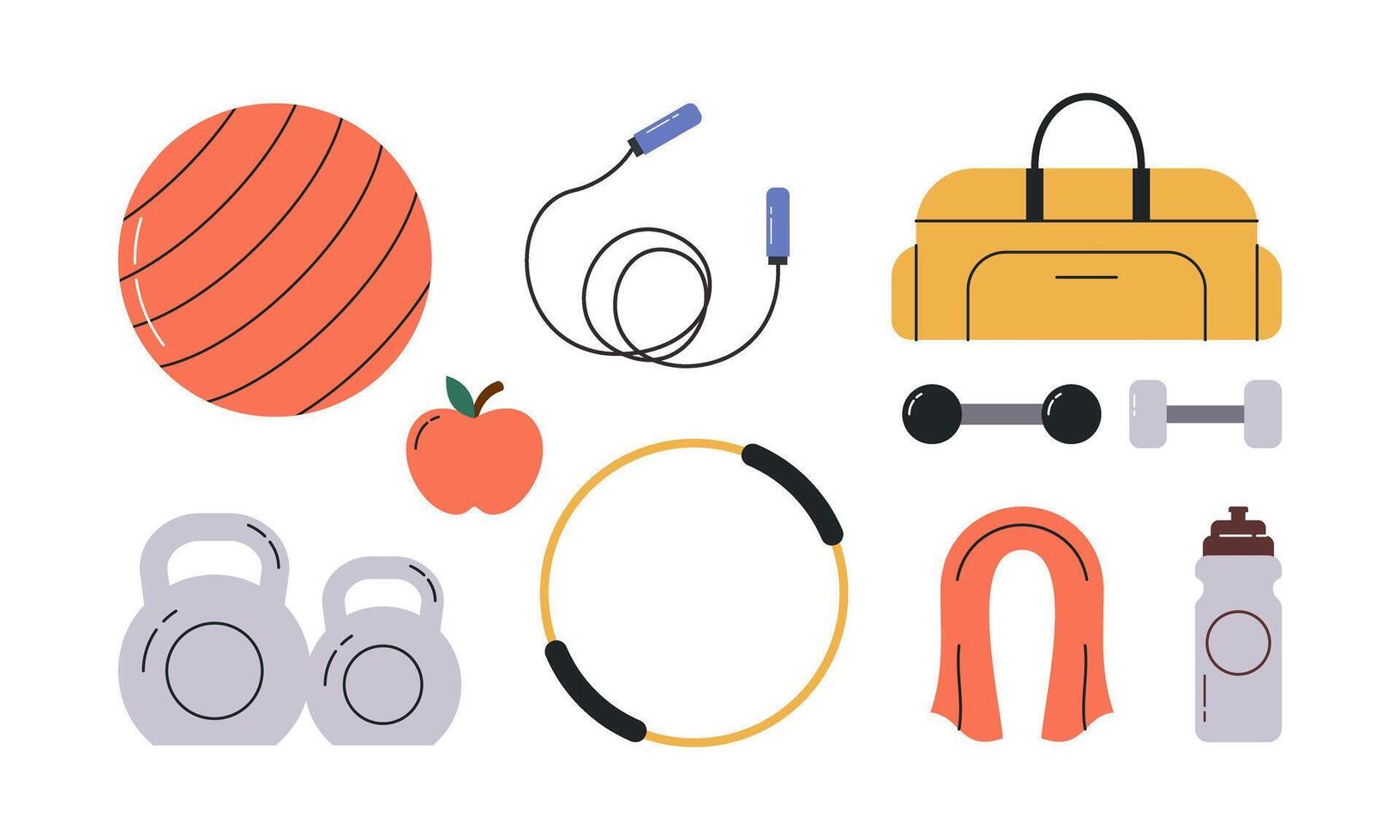 Collection of Fitness Equipment Flat Design Illustration. Different Gym Exercise Tools vector