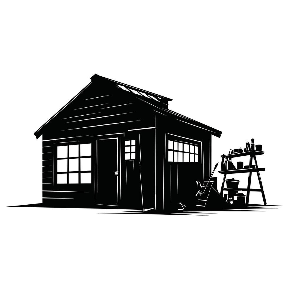 A black and white illustration of a shed vector
