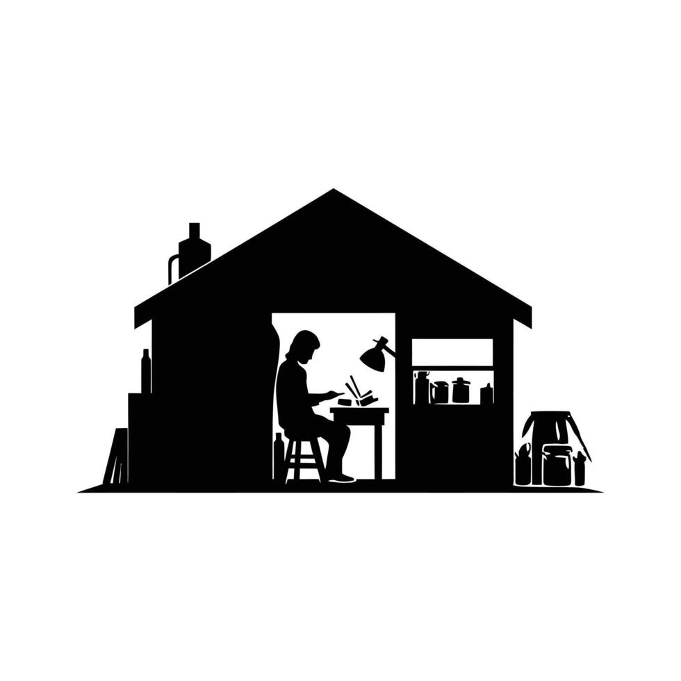 A silhouette of a man sitting at a desk in a house vector