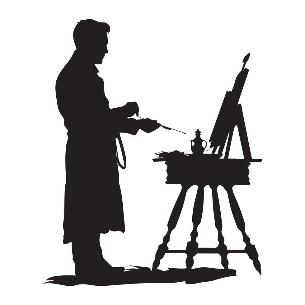 Silhouette of a man with an easel and paintbrush vector