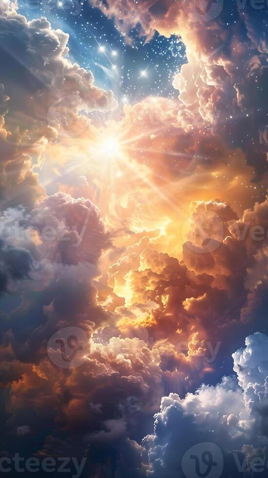 Heavenly Skies with Golden Sunlight and Cotton Clouds photo