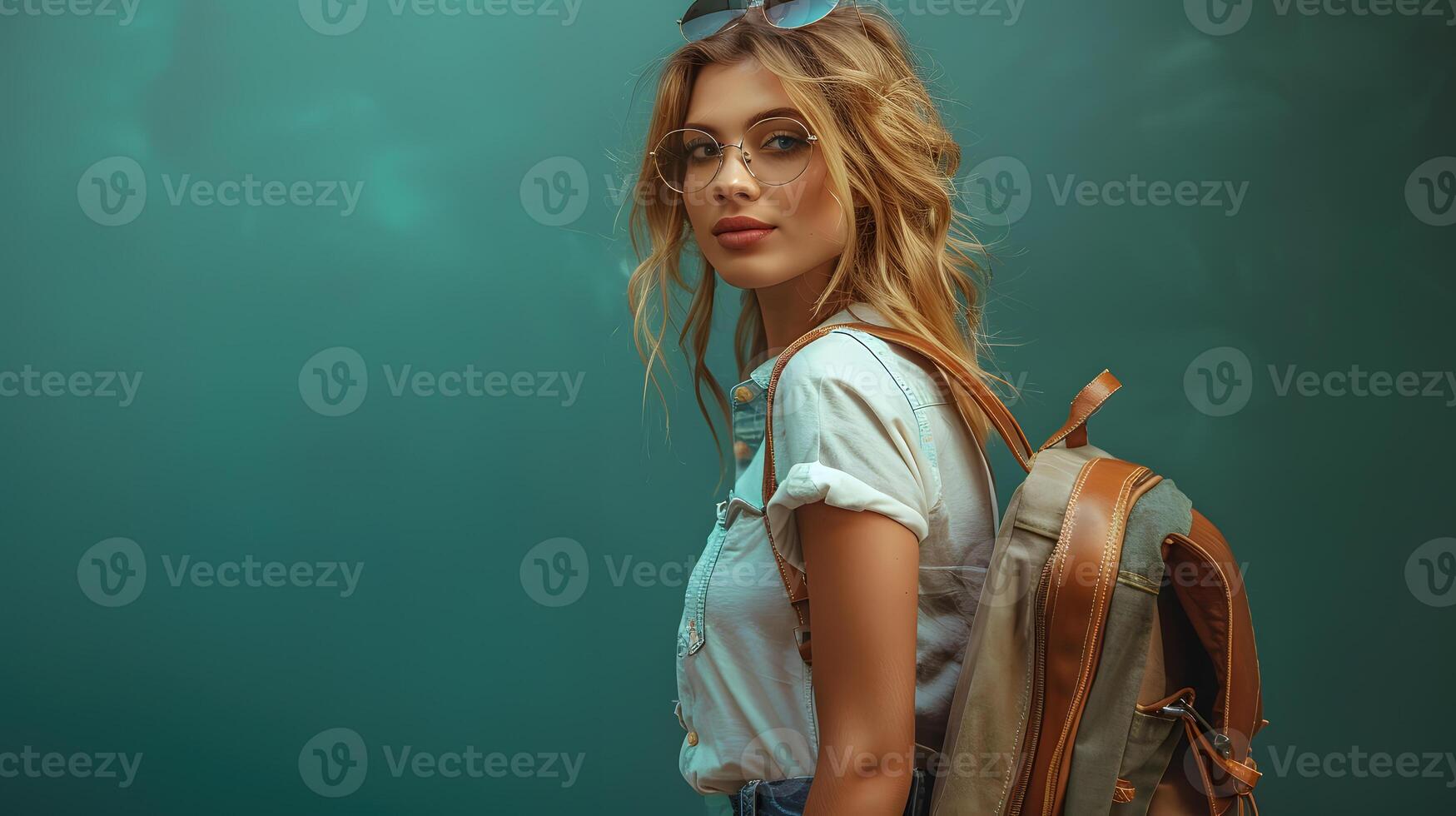 A woman in sunglasses and a backpack stands in front of an electric blue wall photo