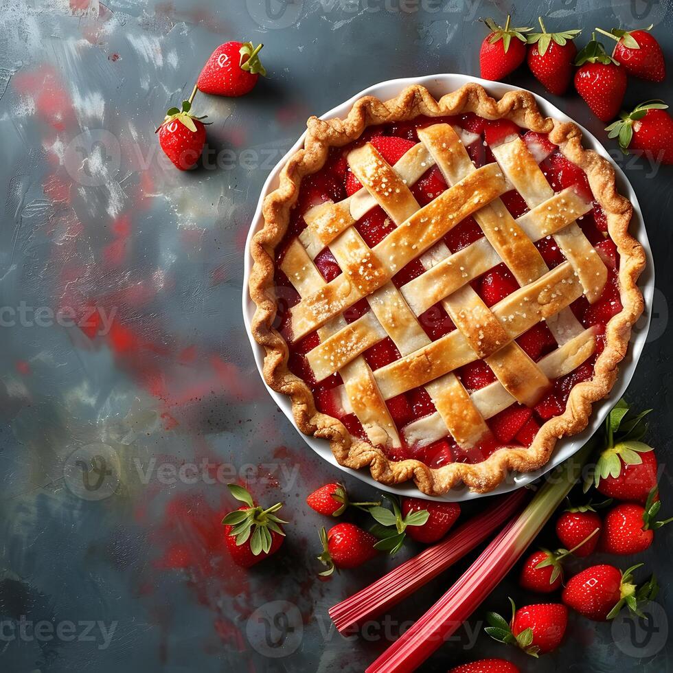 Strawberry Rhubarb Pie with Lattice Crust on Rustic Background photo