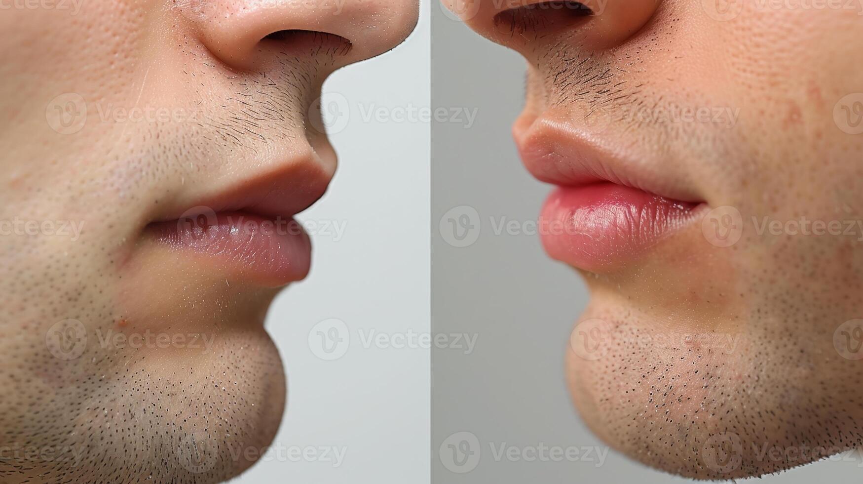 A noteworthy transformation showcases a male's facial features altered through advanced cosmetology treatments. The focus is on the differences in lip fullness and overall contour. photo