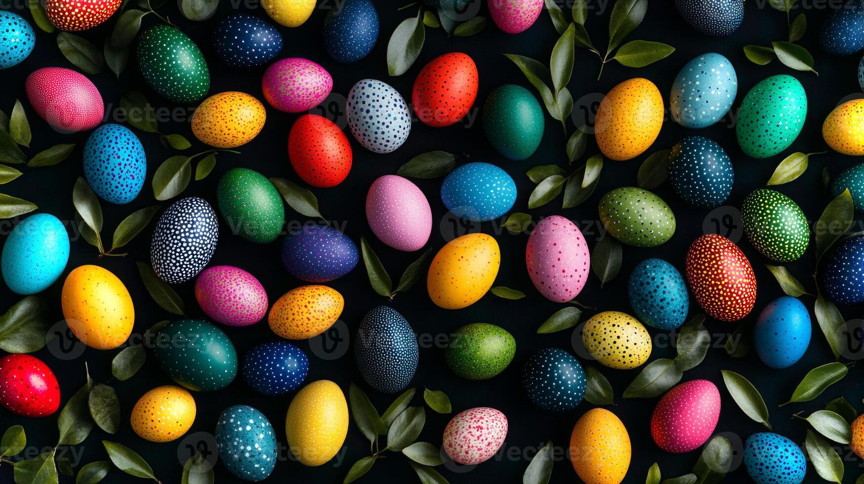 Brightly colored Easter eggs are meticulously arranged on a dark surface, surrounded by green leaves, celebrating the festive spirit of spring and renewal. photo