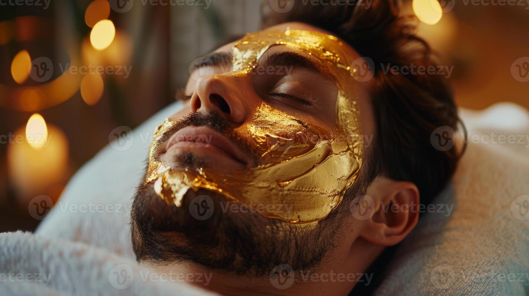 A male client relaxes with a gold facial mask applied, surrounded by soft candlelight, creating a calming atmosphere at a beauty spa. The treatment promotes skin rejuvenation and care. photo