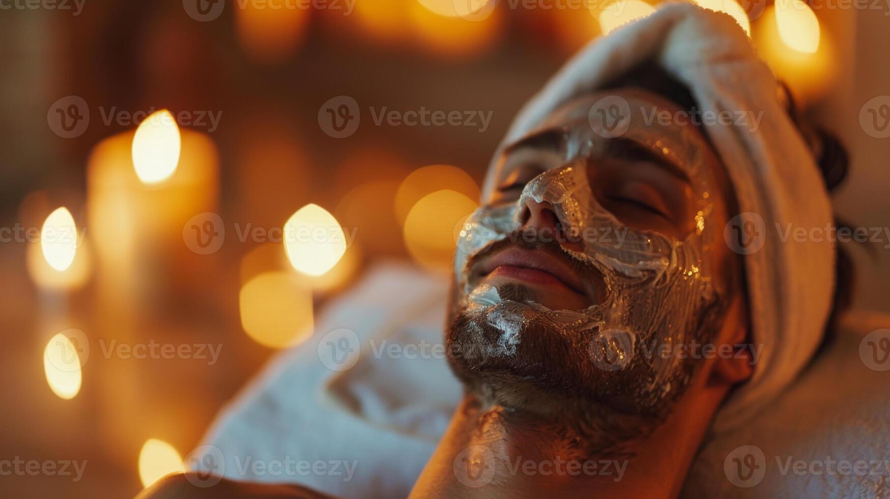 A male client rests comfortably on a treatment table, receiving a facial mask in a tranquil spa environment, surrounded by flickering candlelight that enhances relaxation. photo