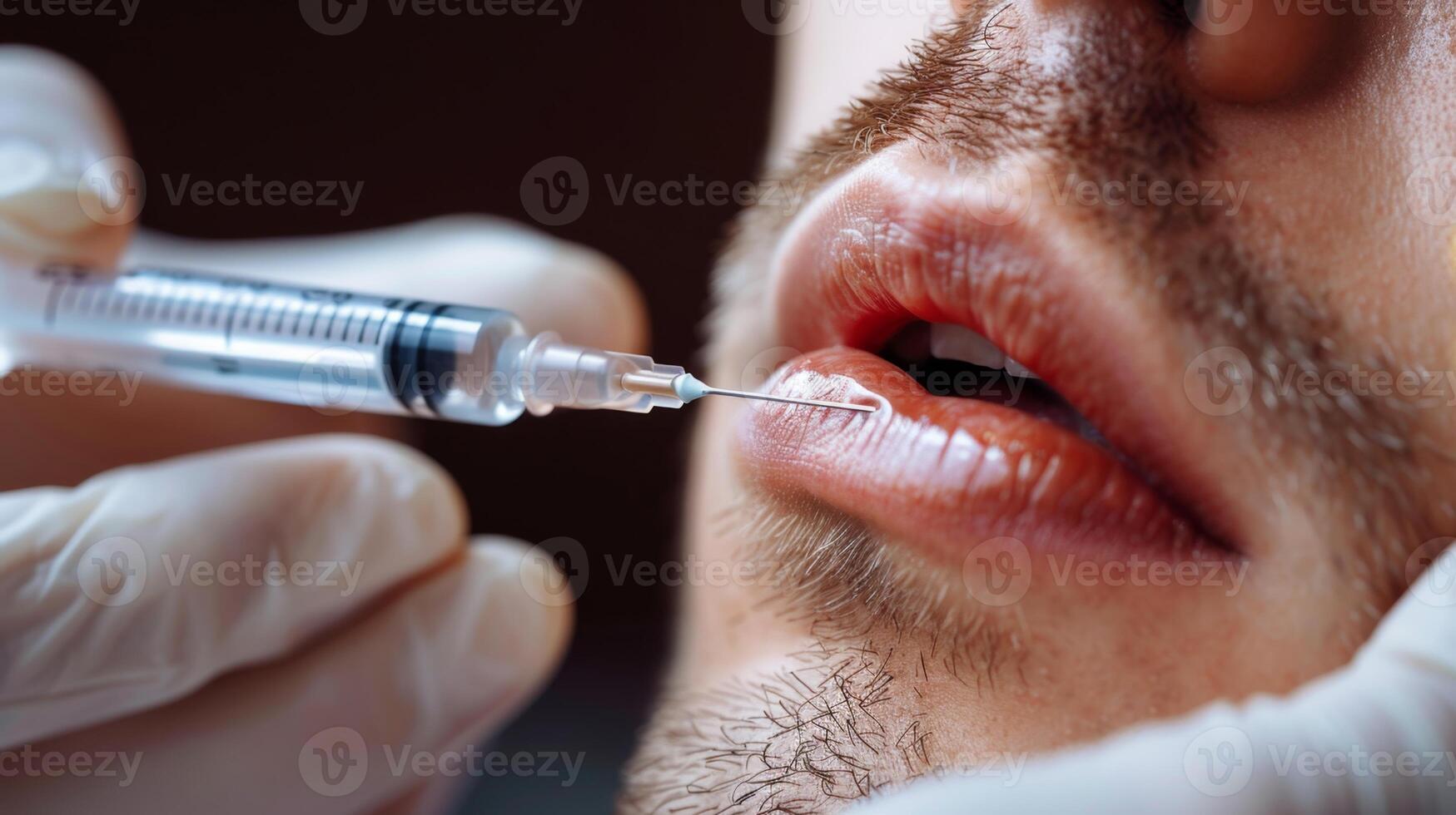 A male client is undergoing a cosmetic procedure focusing on lip enhancement. The practitioner uses a syringe to inject a treatment, highlighting the care and precision involved in the process. photo