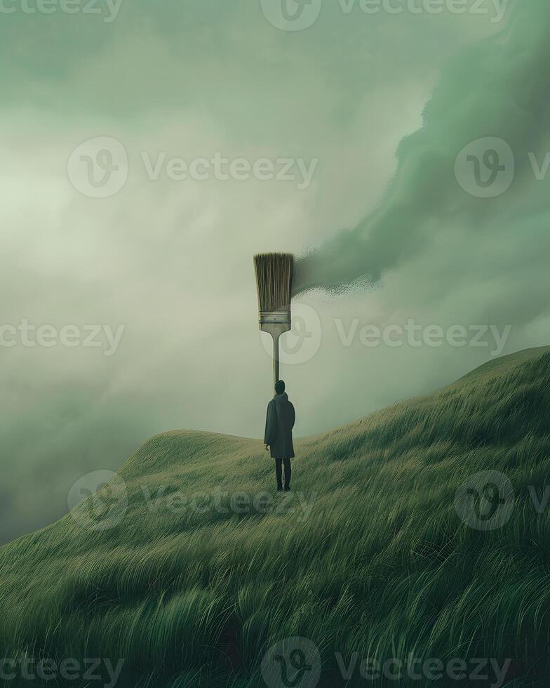 Surreal Landscape with Man and Tower Venting Smoke photo