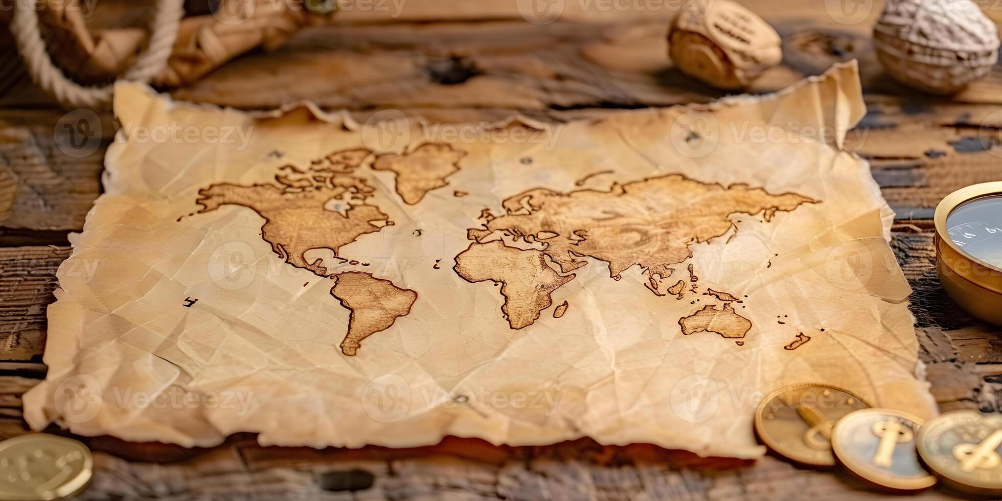 a map of the world is on a piece of paper on a wooden table photo