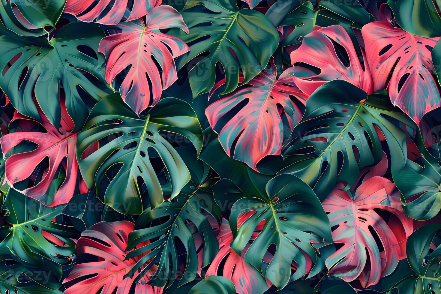 Vibrant Tropical Monstera Leaves in Pink and Green photo