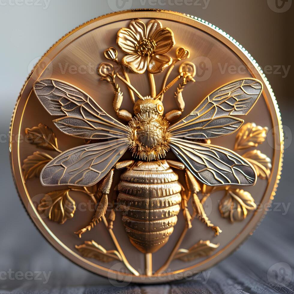 a gold coin with a bee and flowers on it photo
