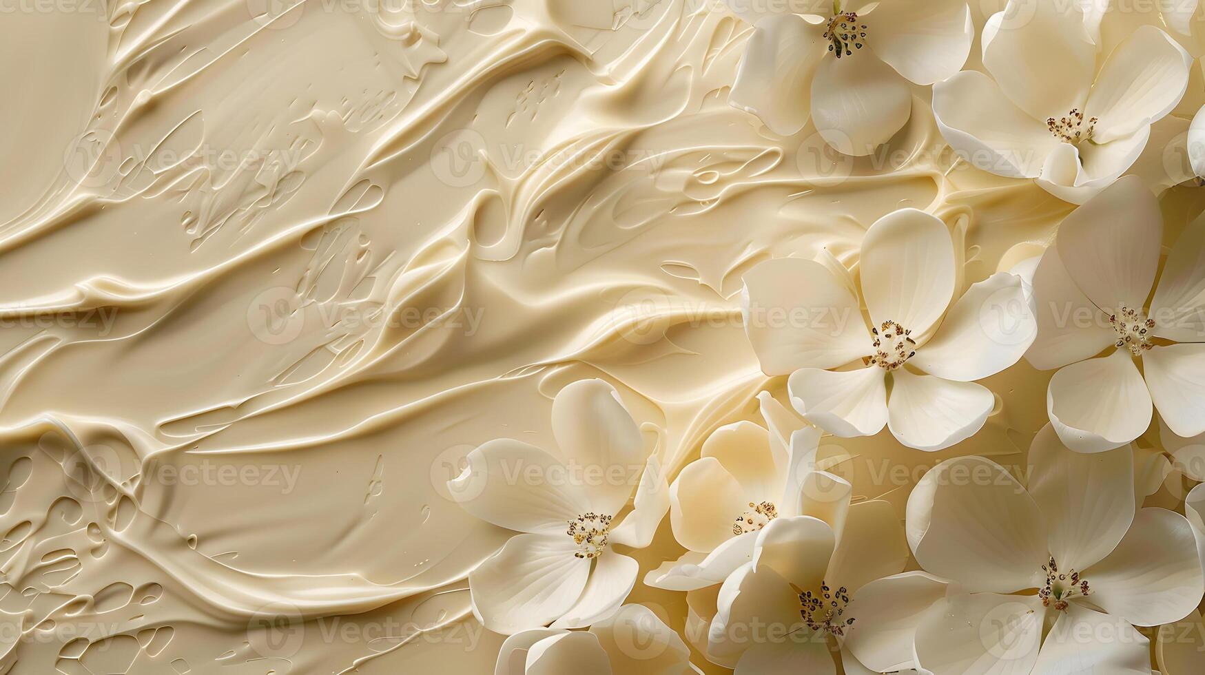 A closeup of a beige cake adorned with white flower petals photo