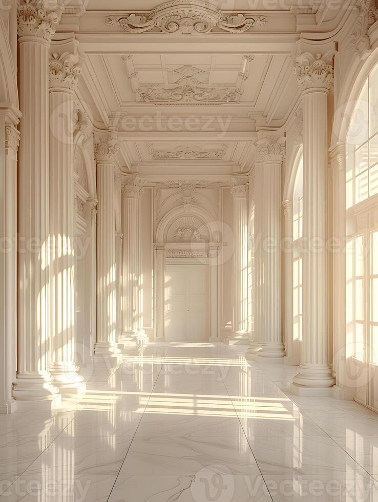 Symmetrical wood columns and windows line the long hallway in the building photo