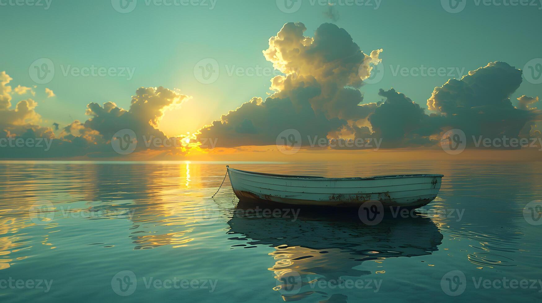 Tranquil Sunrise Over Calm Ocean with Lonely Boat and Serene Sky photo
