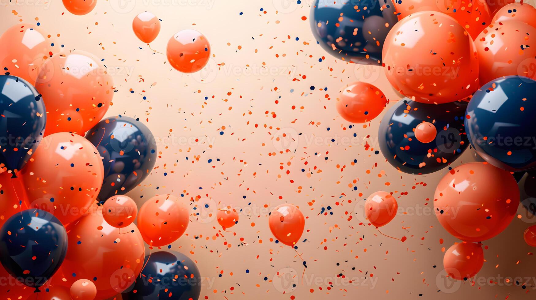 Orange and blue balloons and confetti float in the air photo