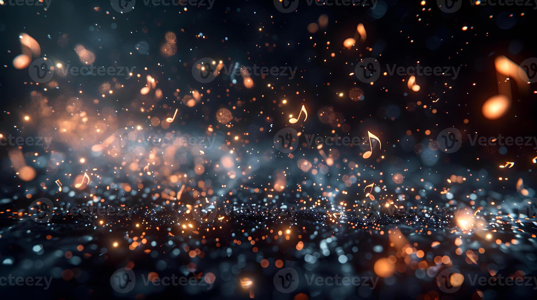 Abstract Music Notes Glowing in Dark Sparkling Background photo