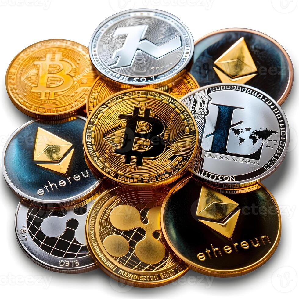 Assortment of metal coins, including one with Ethereum coin symbol photo