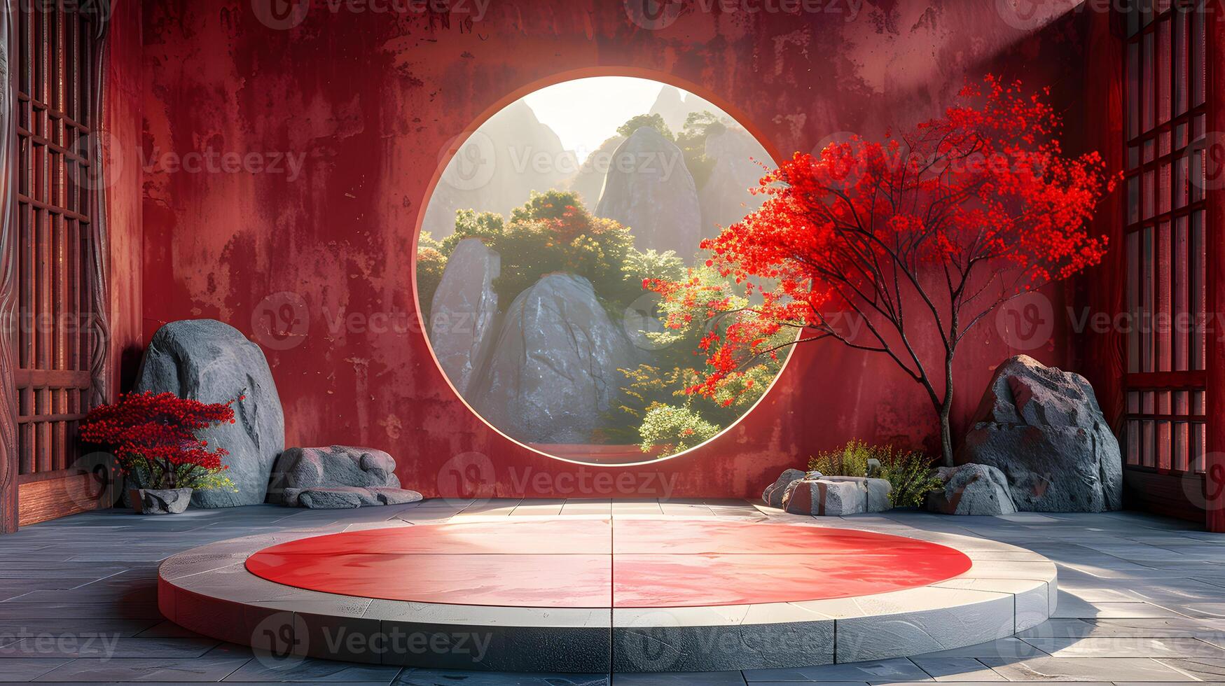 Red Zen Garden with Circular Window and Mountain View photo