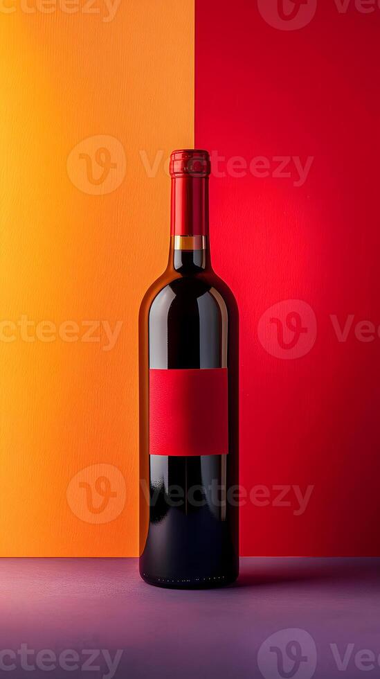 Red wine bottle with red label on vibrant background photo