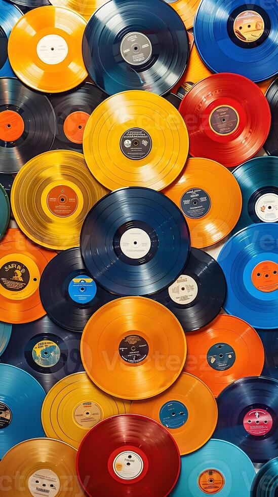 A vibrant stack of vinyl records creates a colorful pattern photo