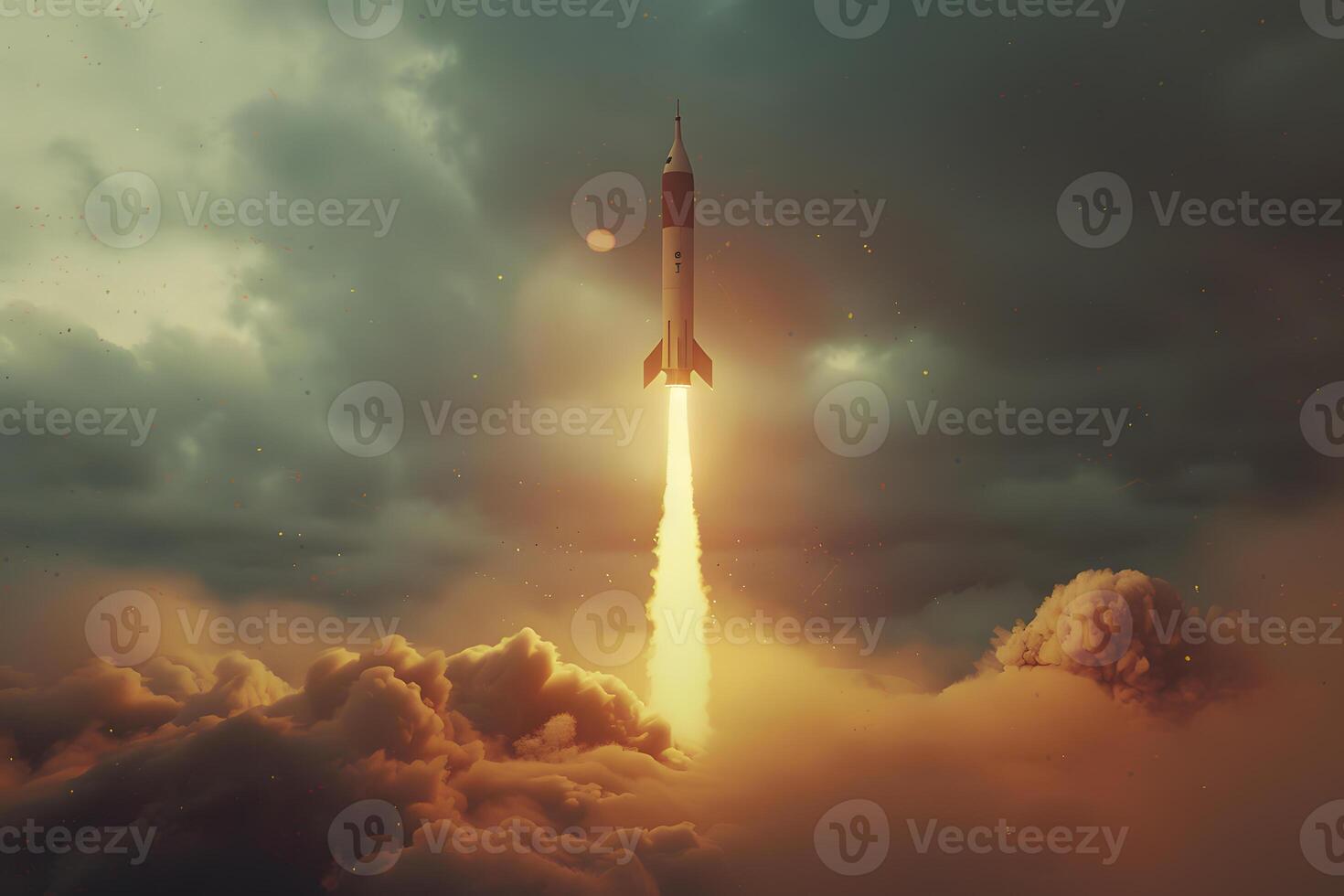 Rocket soaring through the cumulus clouds in the sky photo