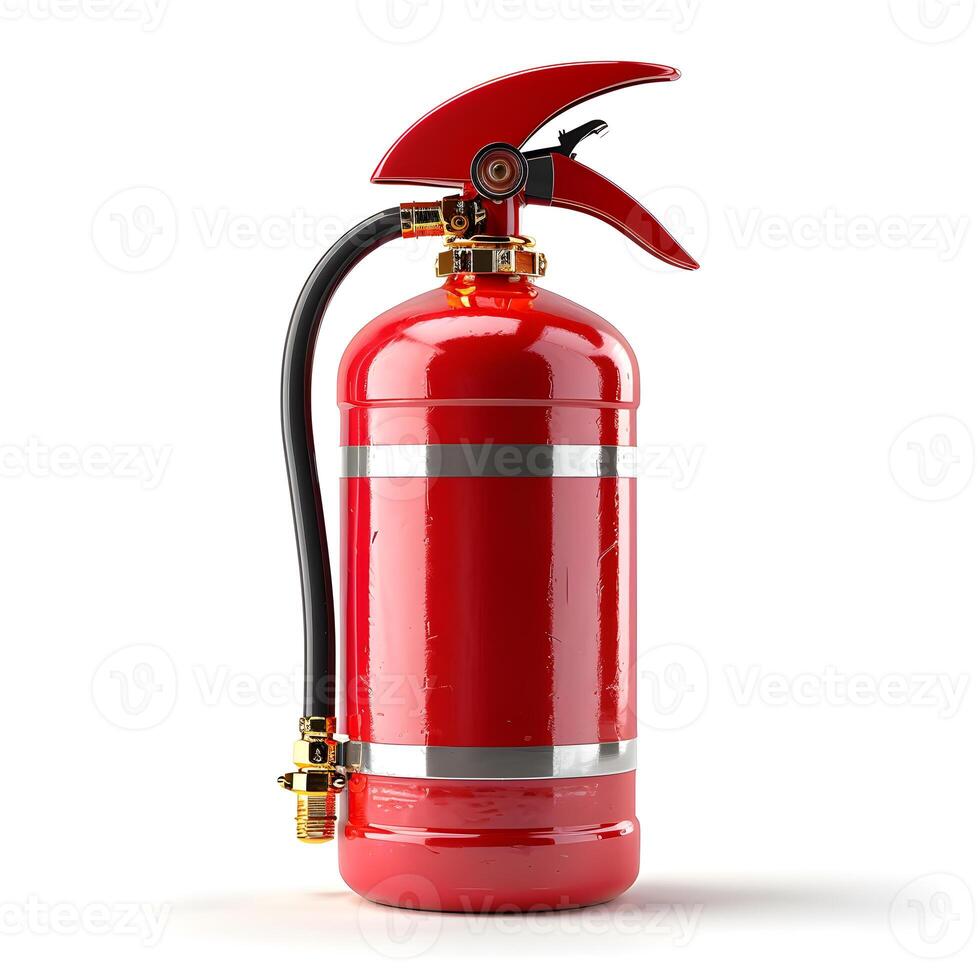 Red fire extinguisher on white surface, cylinder filled with firefighting liquid photo