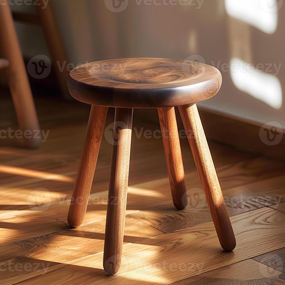 A bar stool made of hardwood sits on the varnished wooden flooring photo
