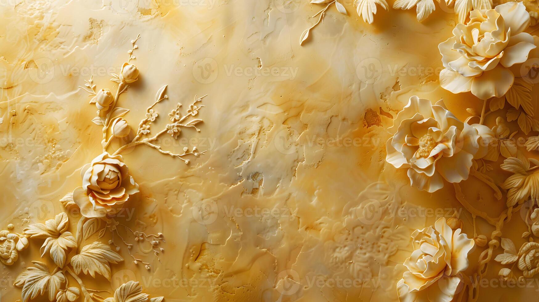 Closeup of plant art with amber petals and insect patterns on a wall photo