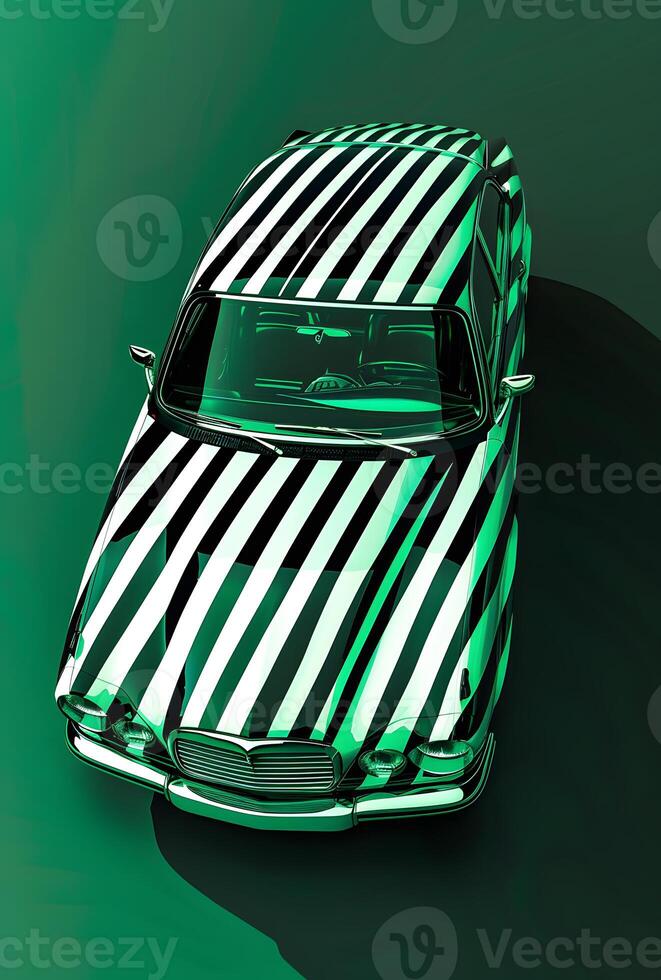 A black and white striped car stands out under the green light photo