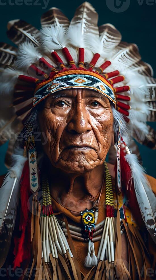 a close up of a native american man wearing a feathered headdress photo