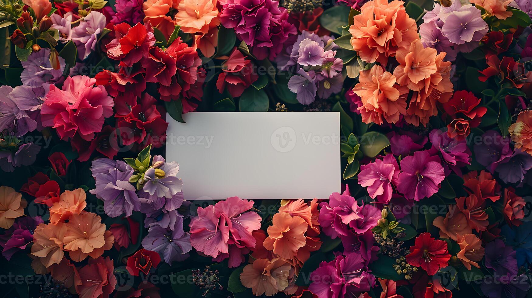 Various colorful flowers surrounding a blank white card in the center photo