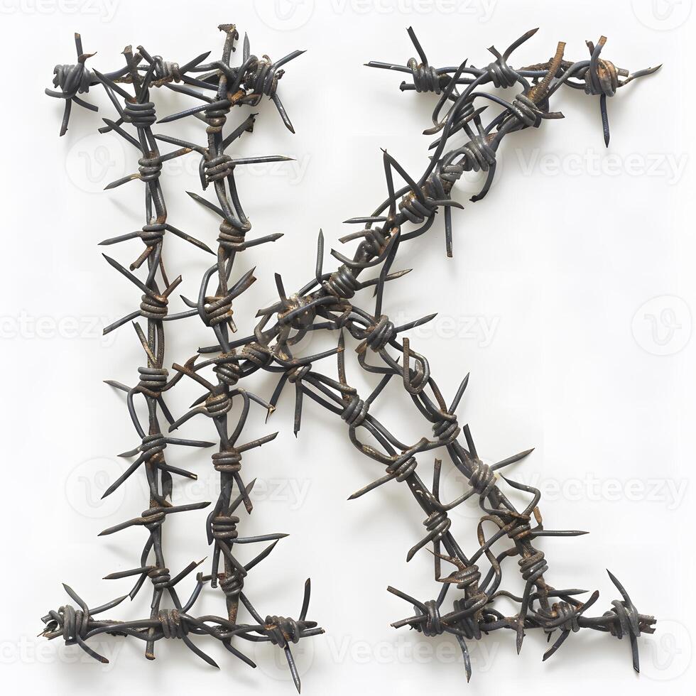 The letter K is depicted as a twig wrapped in barbed wire on a white background photo