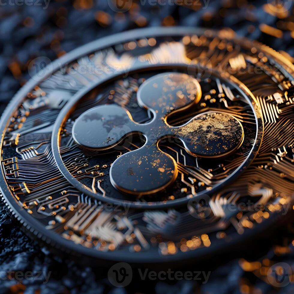 Close-Up of Cryptocurrency Ripple Coin on Dark Background photo
