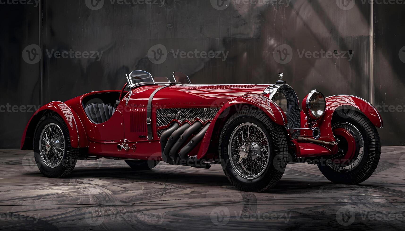 Vintage Red Classic Race Car in Industrial Setting photo