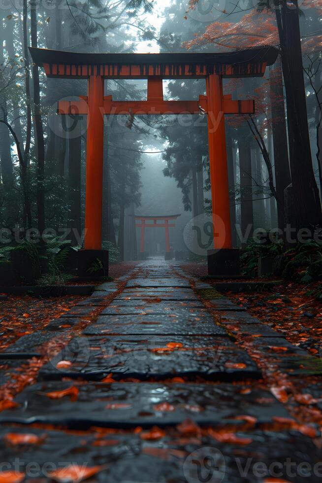 a torii gate in the middle of a foggy forest photo