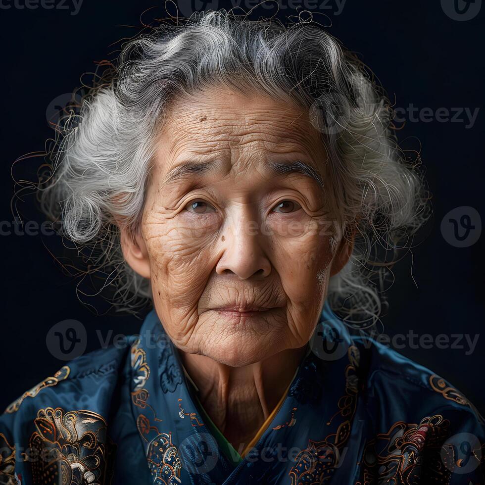 Pleased elder in electric blue kimono for portrait photography art photo