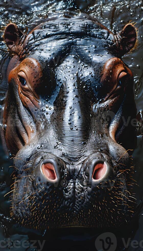 A hippopotamus with its mouth open swims in the water photo