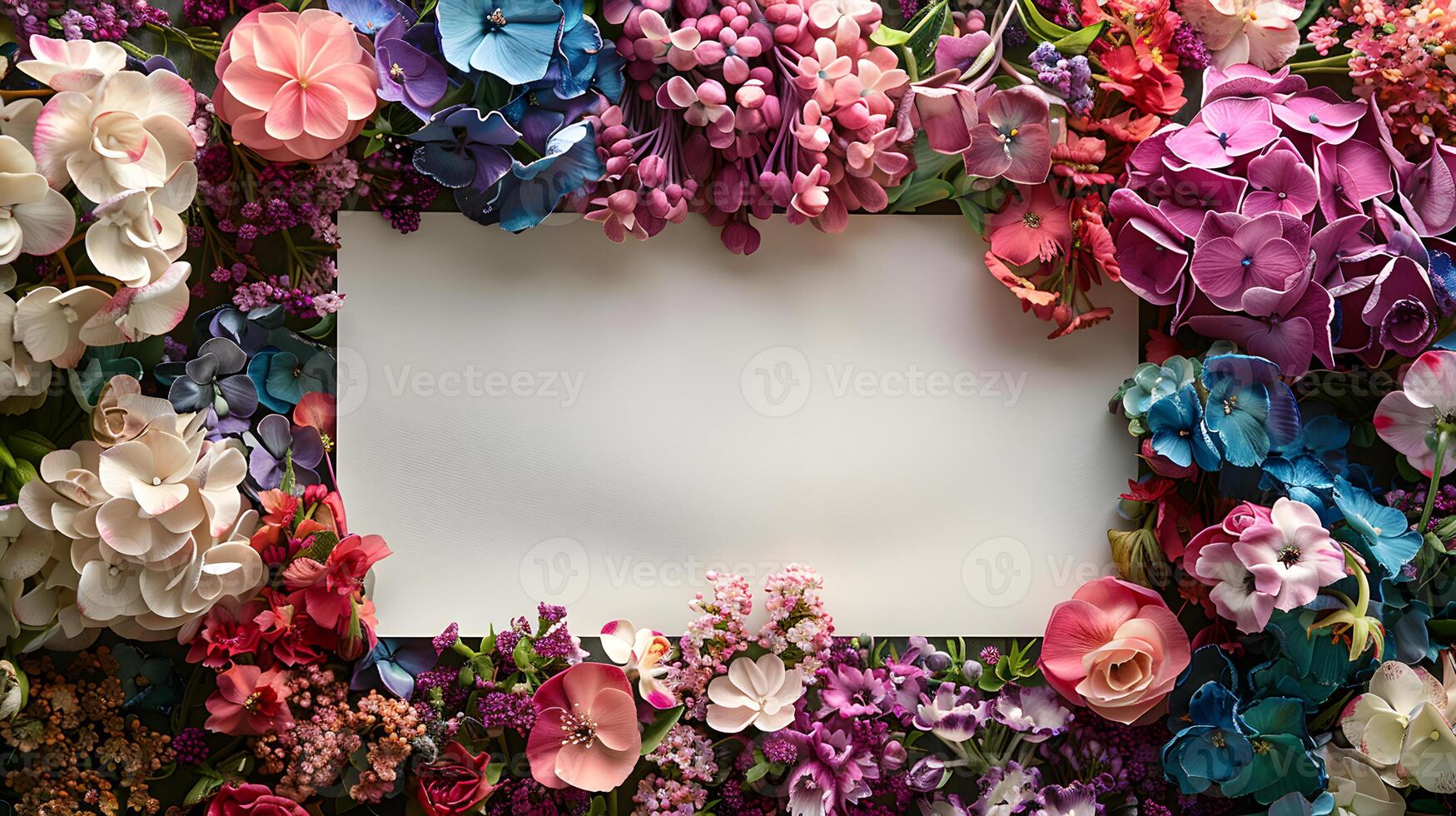 White card encircled by vibrant flowers pink, violet, and magenta petals photo