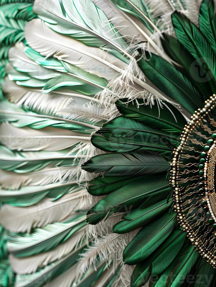 Closeup green, white feather art, detailed design, vibrant colors photo