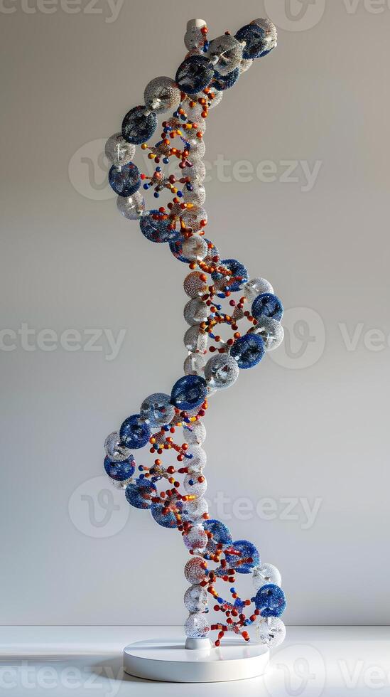 A DNA model sits on a table, a creative art piece photo